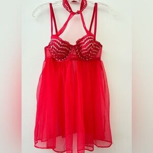 Victoria’s Secret Lingerie Babydoll Nightie Fuschia Red Lace Crochet Bust 34B